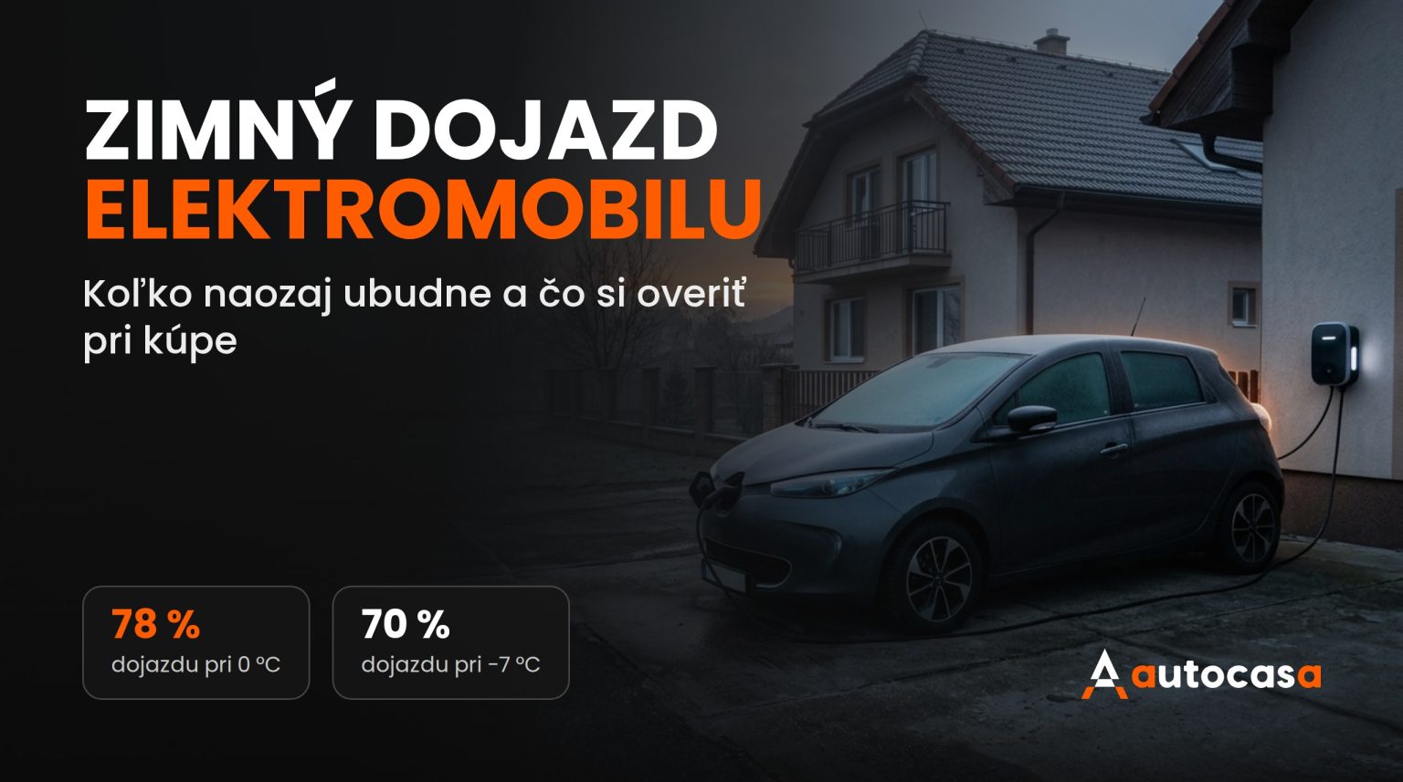 Elektromobil nabíjajúci sa z nástennej nabíjačky pred rodinným domom za mrazivého jesenného rána