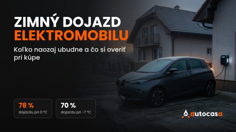 Elektromobil nabíjajúci sa z nástennej nabíjačky pred rodinným domom za mrazivého jesenného rána