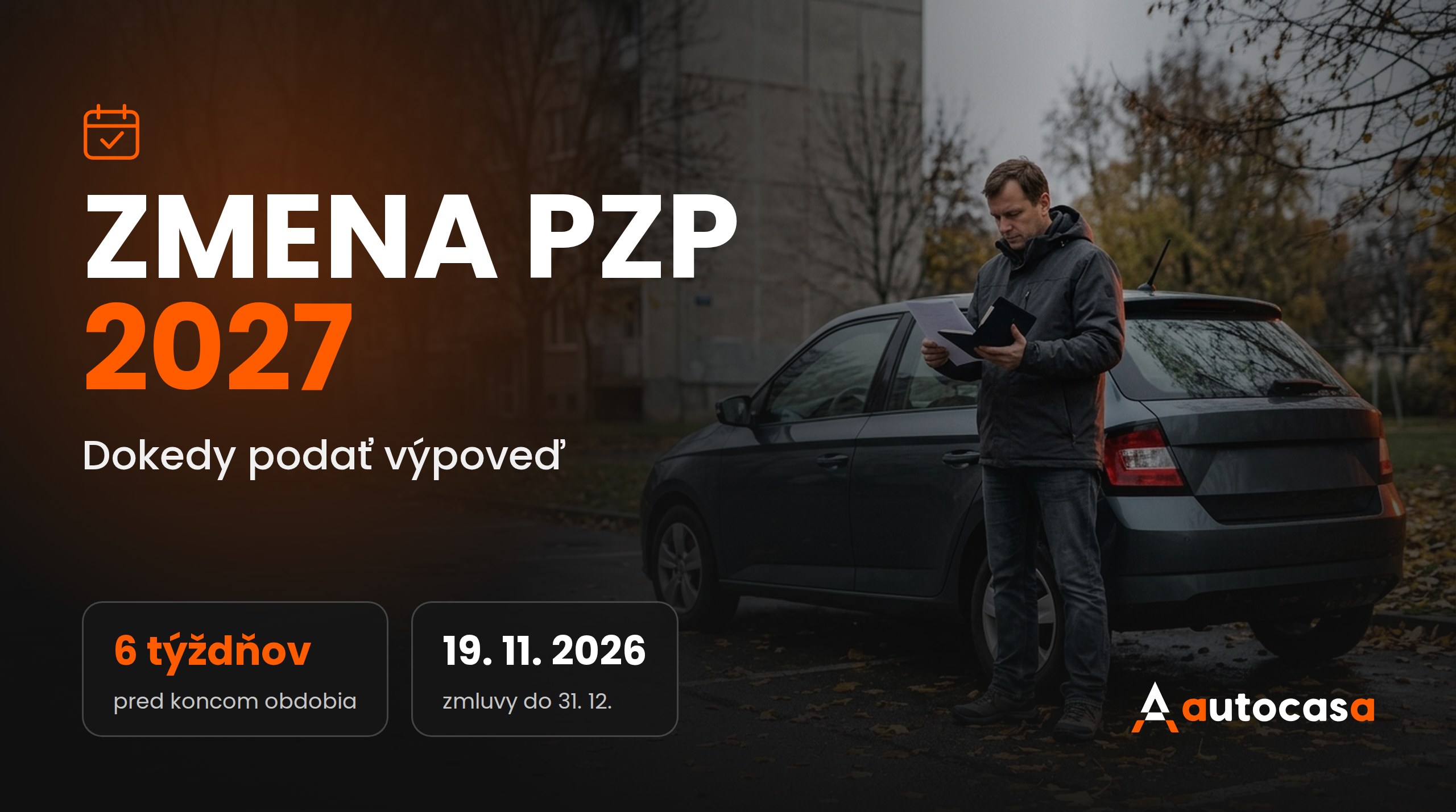 Vodič pri aute na jesennom parkovisku kontroluje doklady k poisteniu vozidla