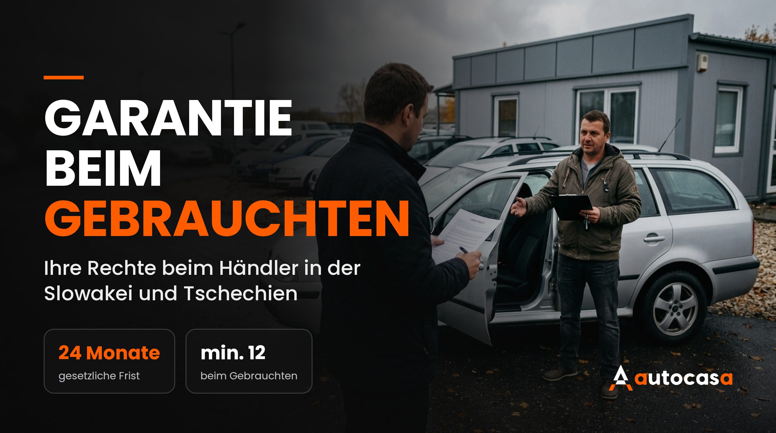 Käufer mit Kaufvertrag und Händler neben einem silbernen Gebrauchtwagen auf dem Platz