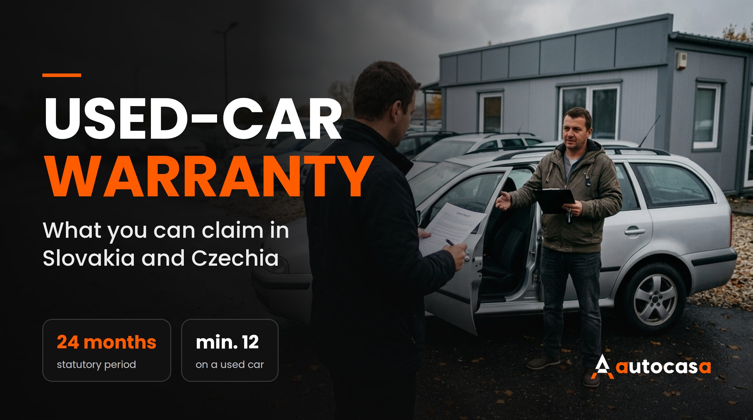 Buyer holding a purchase contract and a dealer beside a silver used estate car on a lot