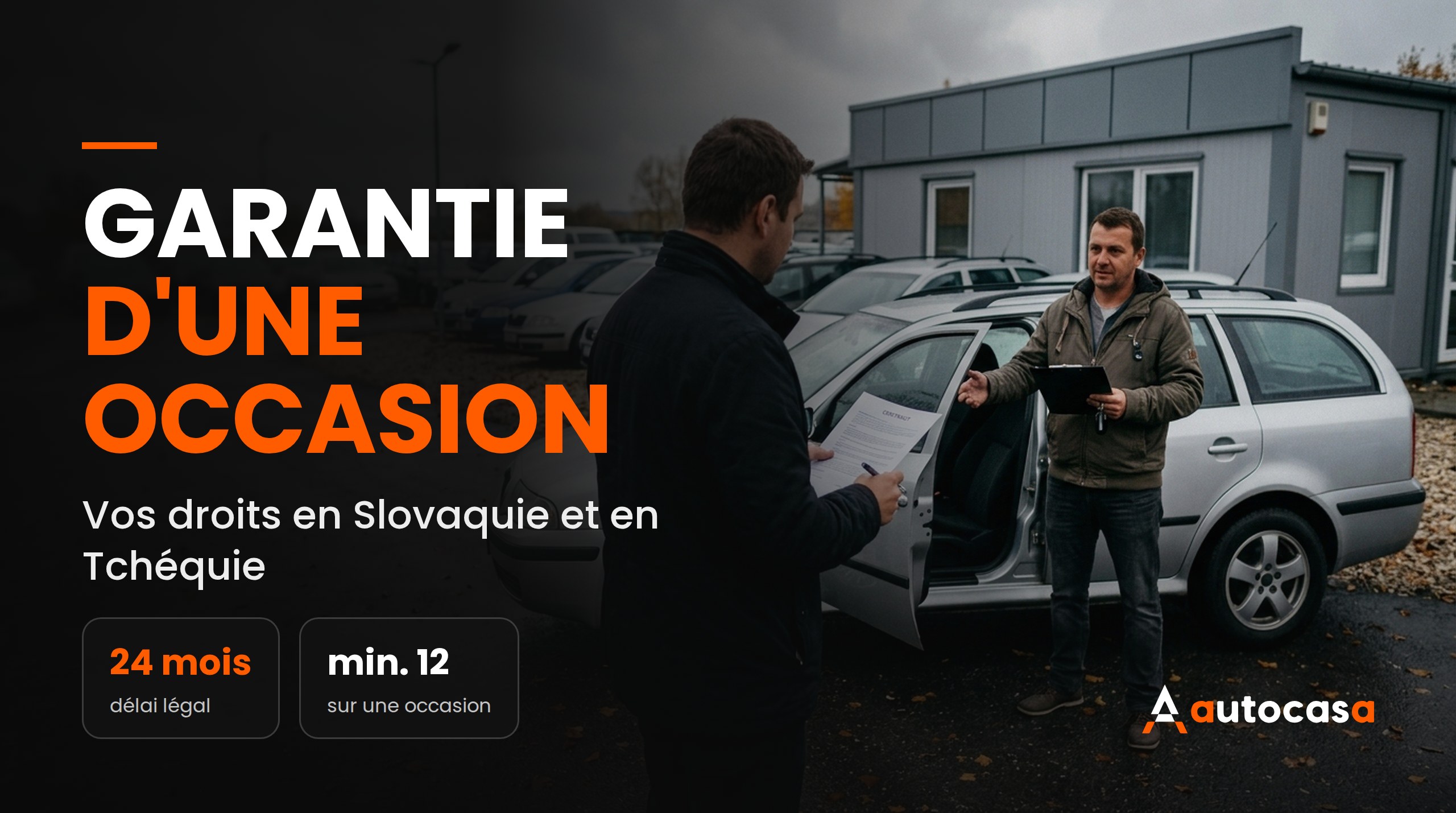 Acheteur avec le contrat et vendeur à côté d’une voiture d’occasion grise sur le parc
