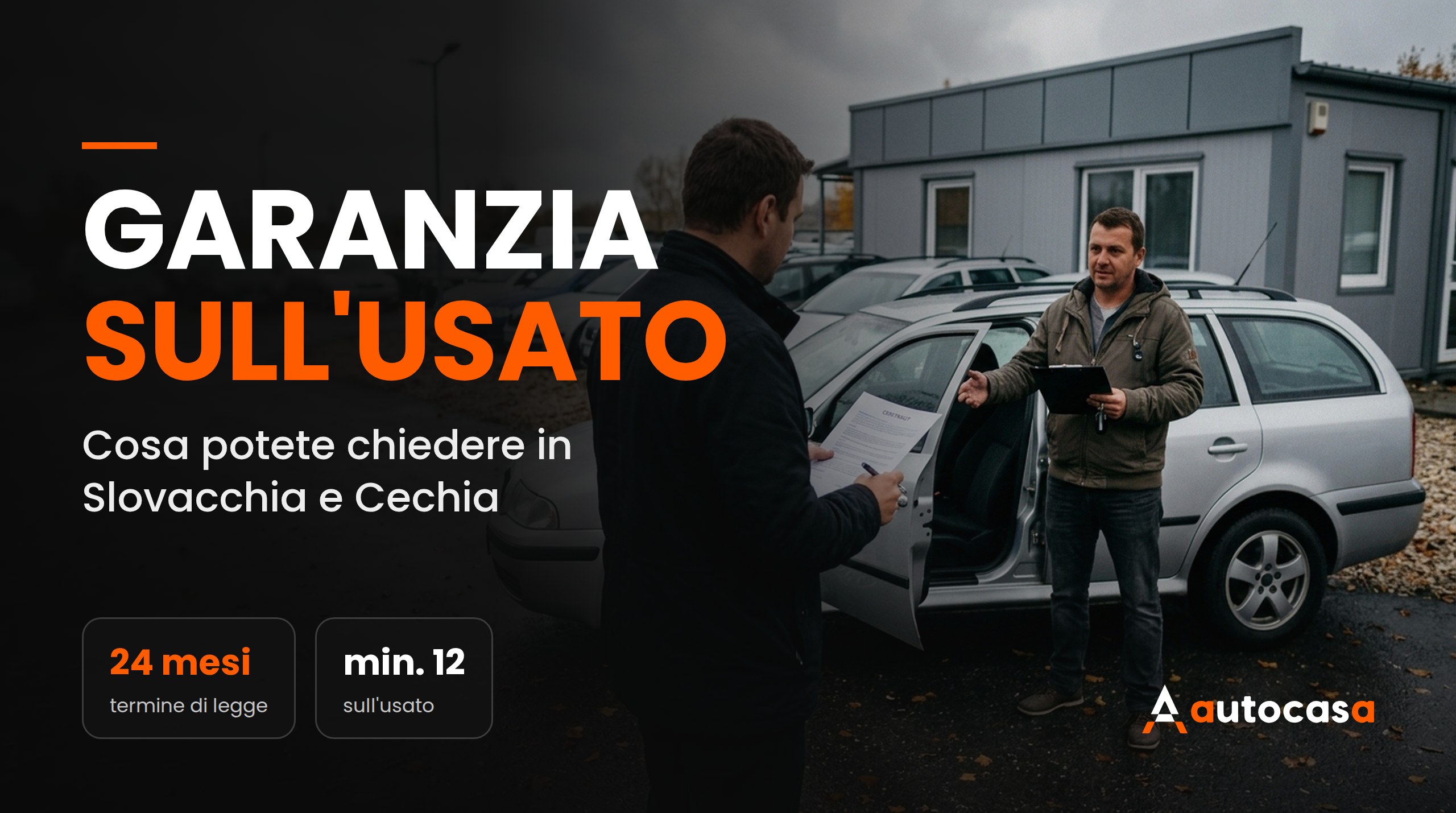 Acquirente con il contratto e venditore accanto a un’auto usata argentata nel piazzale