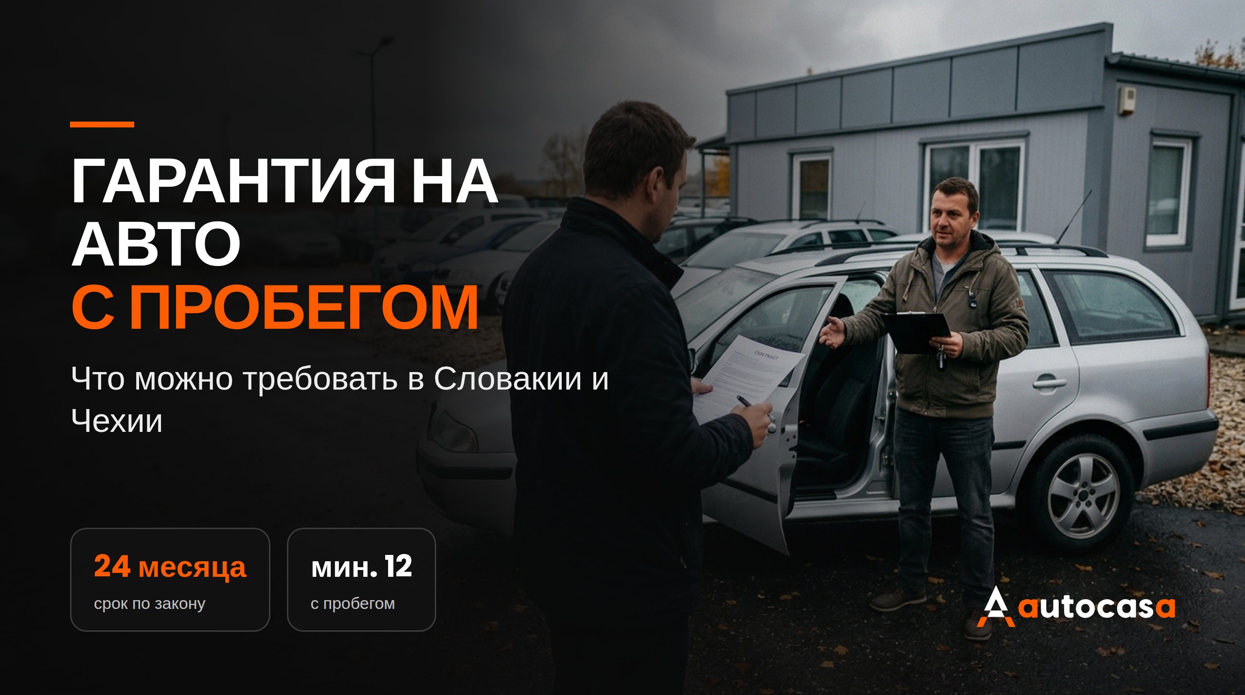 Покупатель с договором и продавец возле серебристого автомобиля с пробегом на площадке