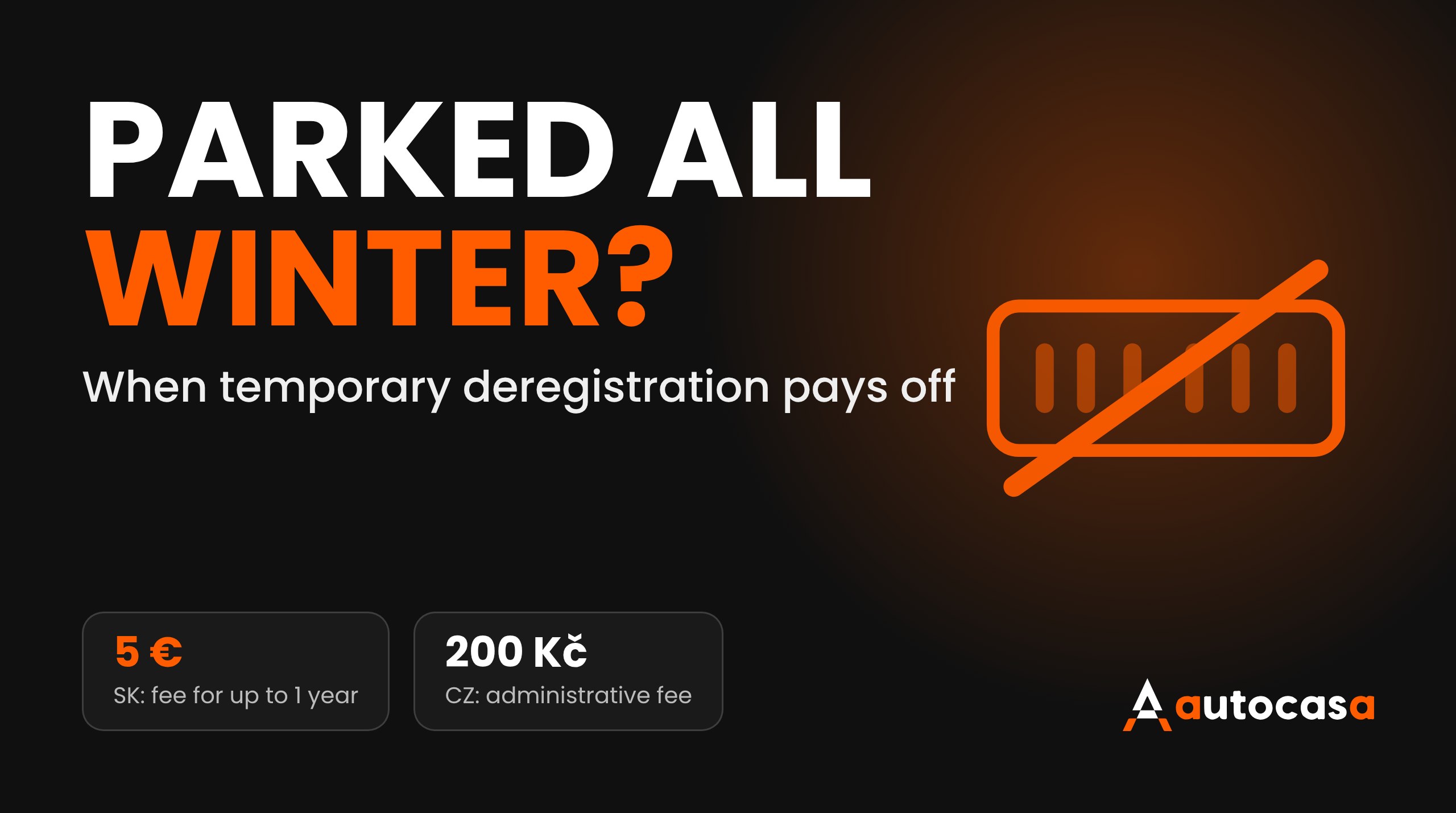 Dark graphic reading Parked all winter? with a crossed-out number plate, fees of EUR 5 and CZK 200