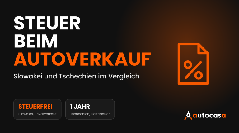AutoCasa Grafik mit dem Titel Steuer beim Autoverkauf und einem Dokumentsymbol mit Prozentzeichen