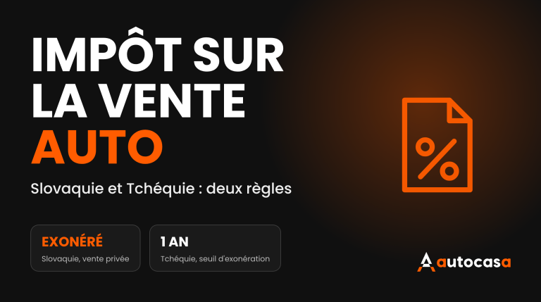Visuel AutoCasa avec le titre Impôt sur la vente auto et une icône de document avec un symbole pourcentage