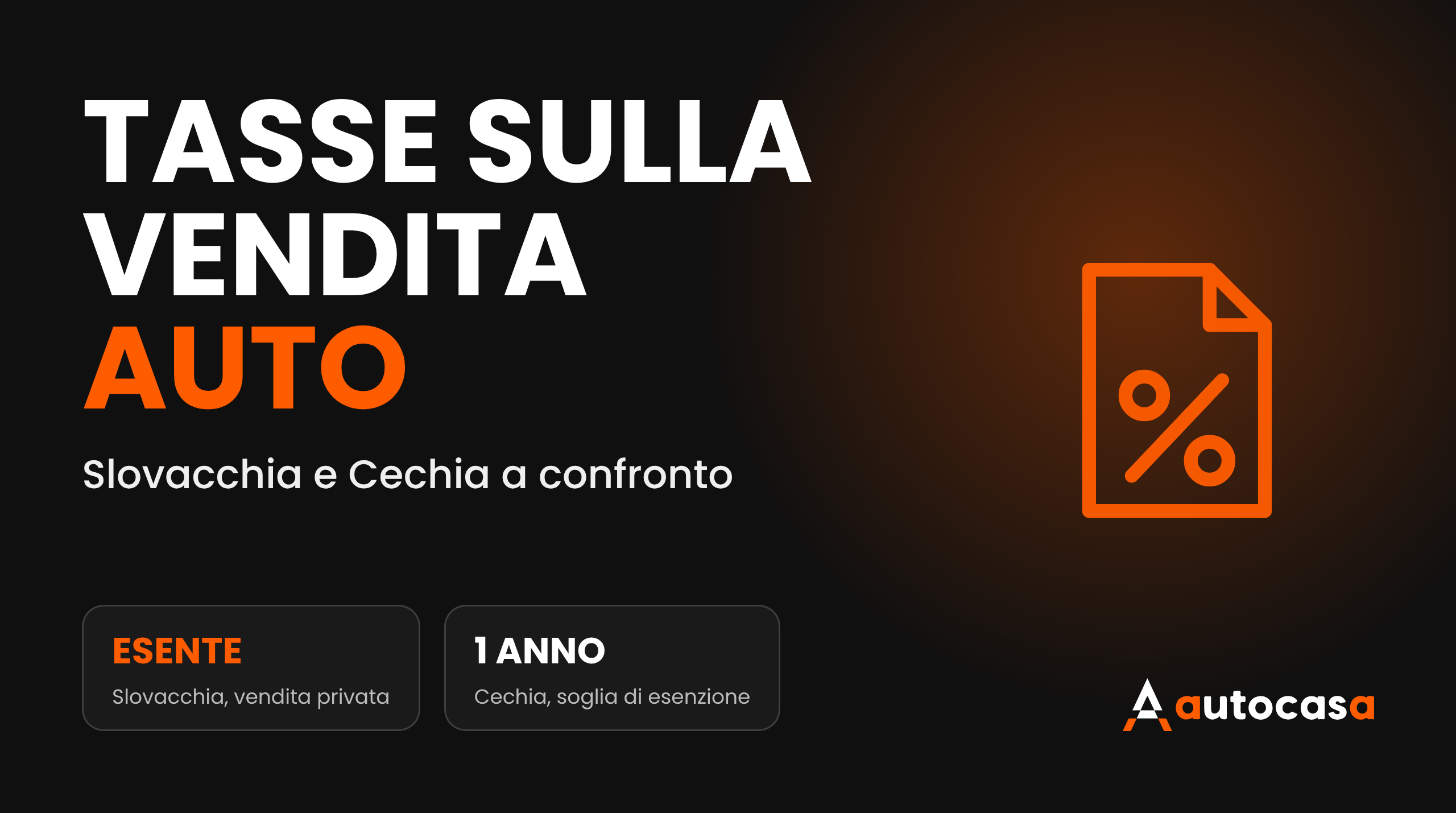 Grafica AutoCasa con il titolo Tasse sulla vendita auto e l'icona di un documento con il simbolo di percentuale