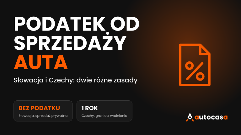 Grafika AutoCasa z napisem Podatek od sprzedaży auta i ikoną dokumentu z procentem