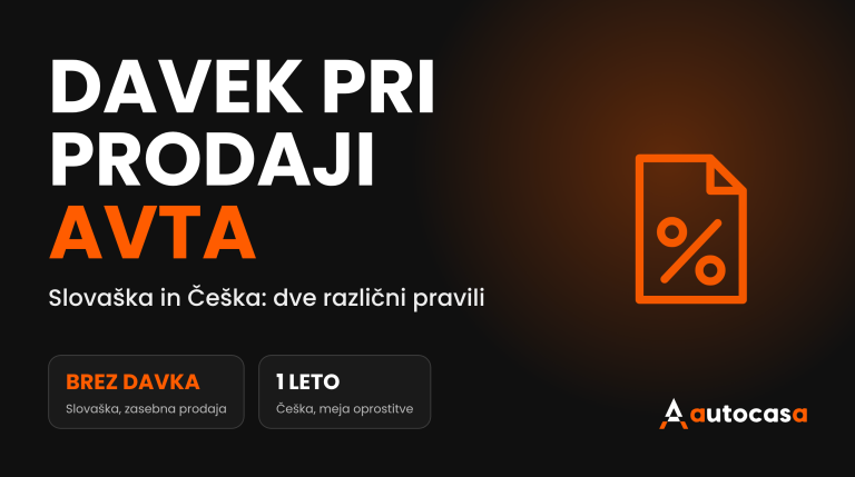 Grafika AutoCasa z naslovom Davek pri prodaji avta in ikono dokumenta z odstotkom