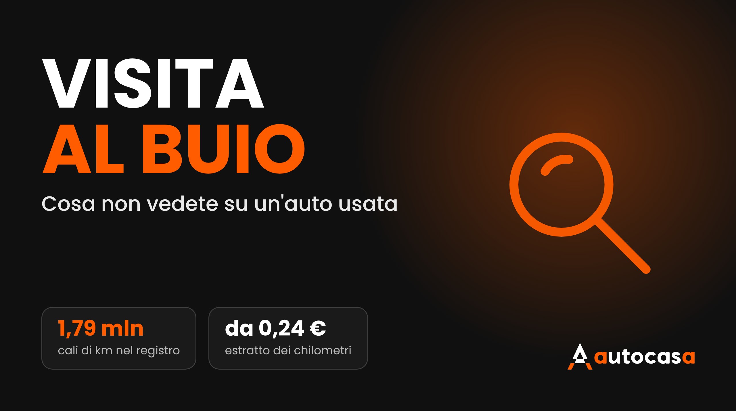Grafica AutoCasa: visita al buio, lente di ingrandimento e dati sulla verifica dei chilometri