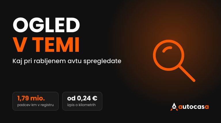 Grafika AutoCasa: ogled v temi, lupa in podatki o preverjanju kilometrov