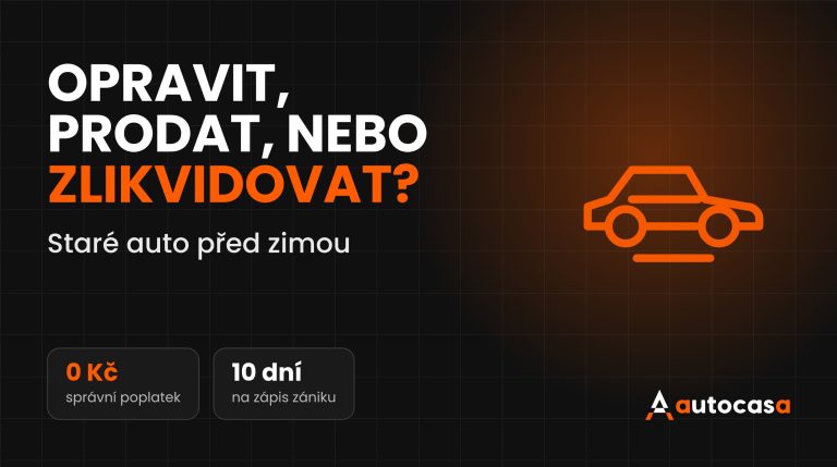 Grafika AutoCasa s nápisem Opravit, prodat, nebo zlikvidovat a ikonou auta