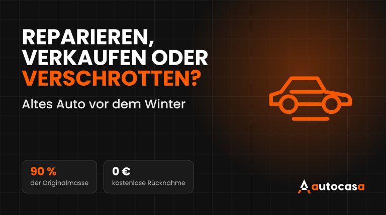 AutoCasa-Grafik mit dem Schriftzug Reparieren, verkaufen oder verschrotten und einem Auto-Symbol