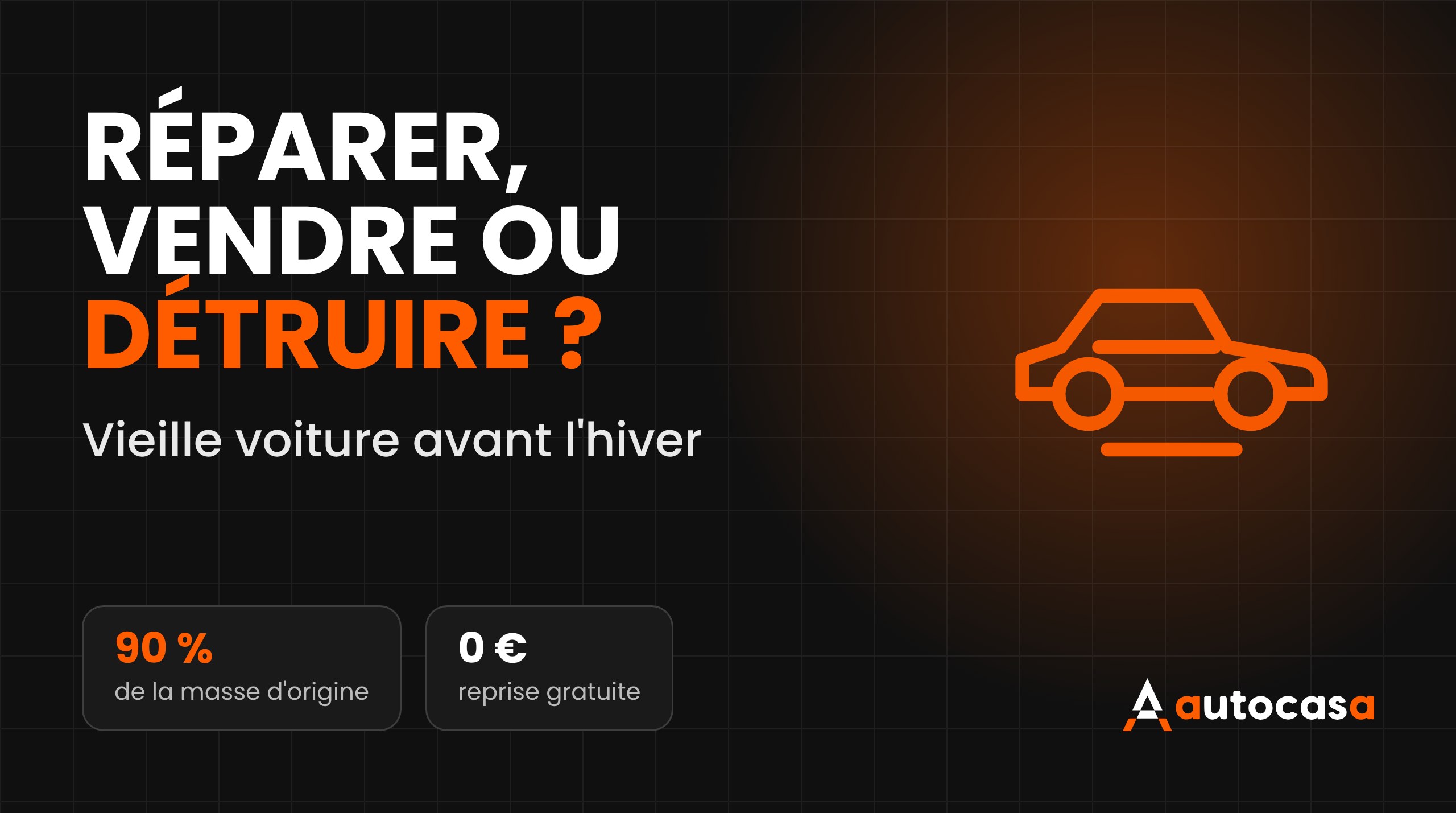 Visuel AutoCasa avec la mention Réparer, vendre ou détruire et une icône de voiture