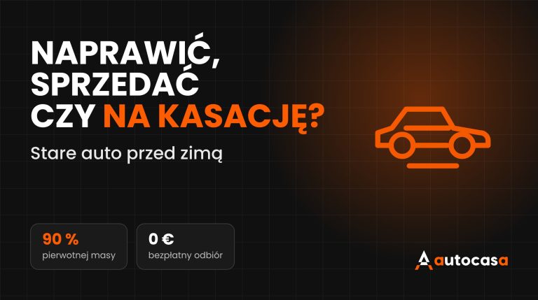 Grafika AutoCasa z napisem Naprawić, sprzedać czy na kasację i ikoną samochodu