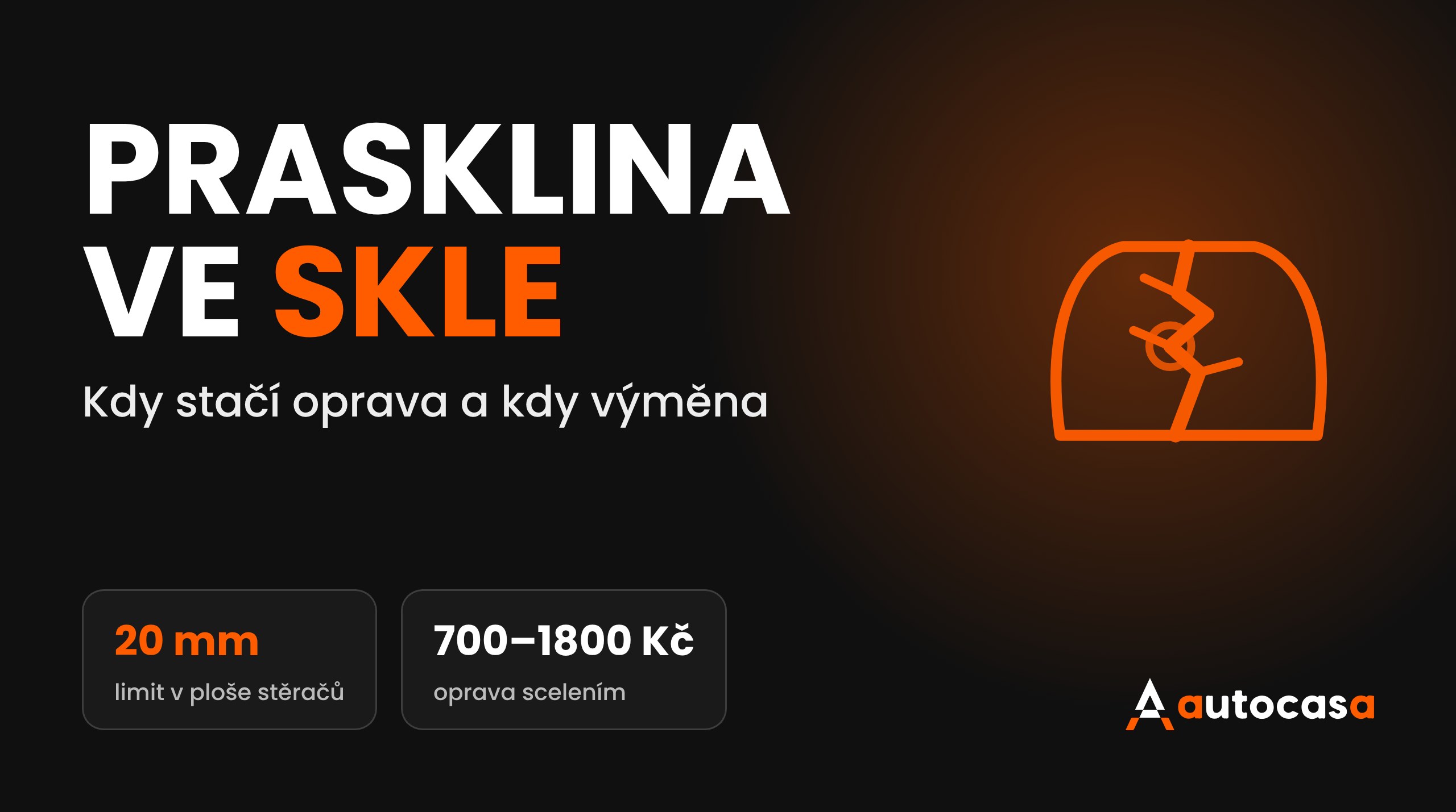 Grafika AutoCasa s nápisem Prasklina ve skle a údaji 20 mm a 700 až 1800 Kč