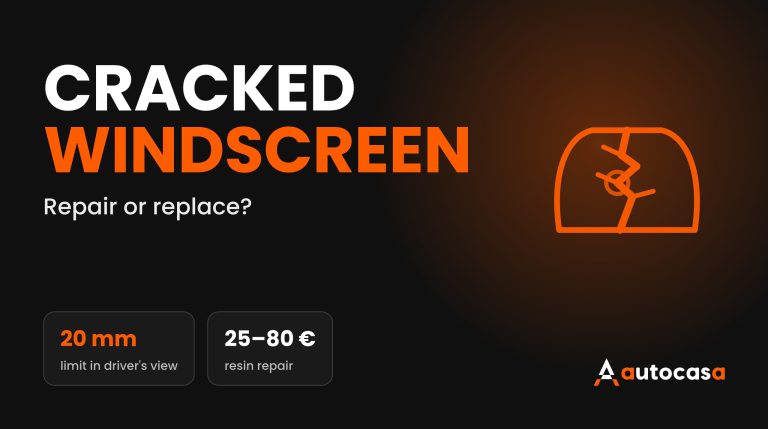 AutoCasa graphic reading Cracked windscreen with the figures 20 mm and 25–80 €