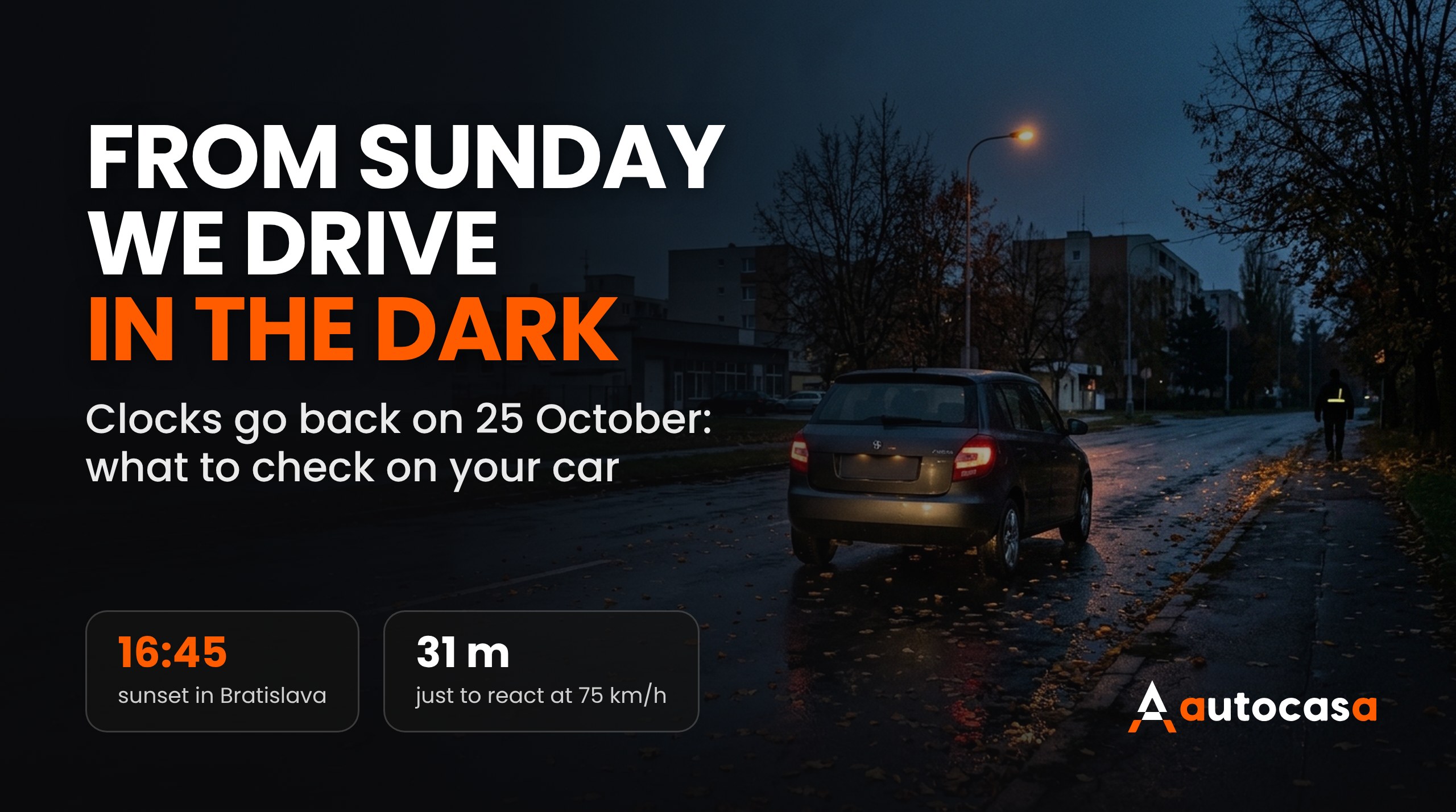 Autumn evening in a town, a car with its lights on wet asphalt covered in leaves and a pedestrian with a reflective strip at the roadside