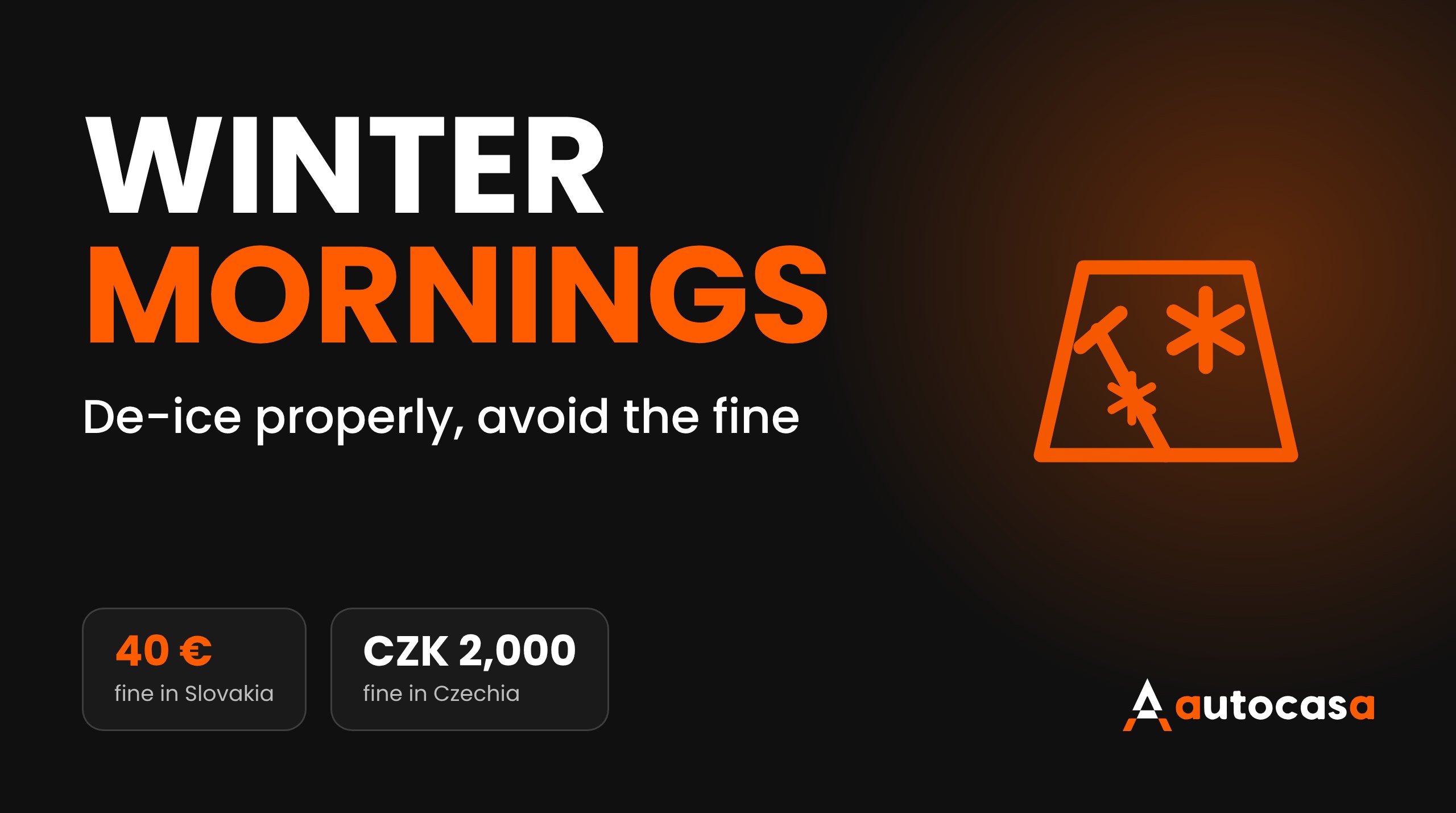 AutoCasa graphic: winter morning, de-icing the windscreen and fines for a snow-covered car