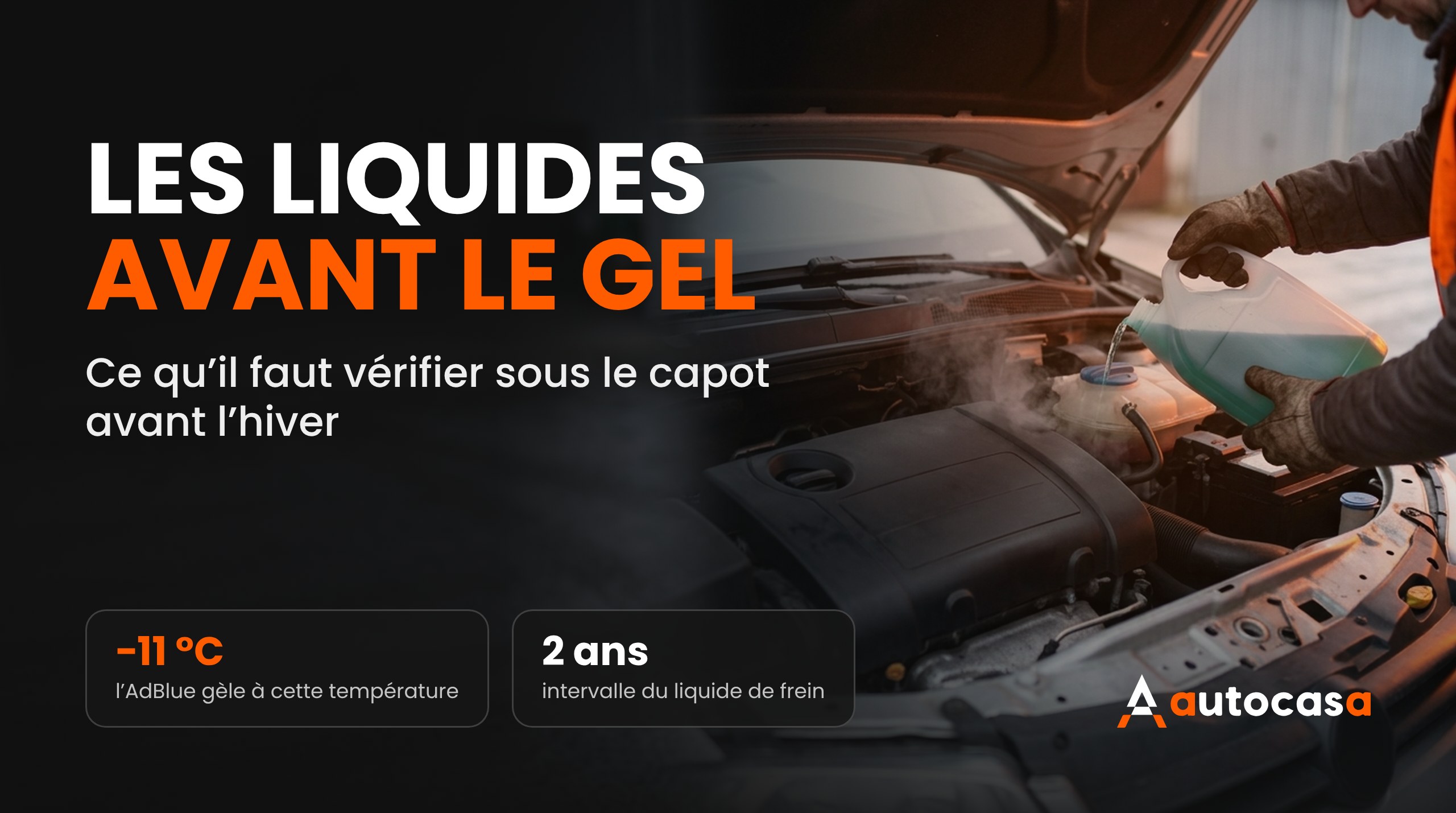 Un homme ganté fait l'appoint de liquide de refroidissement d'hiver dans le vase d'expansion d'une voiture par un matin de gel