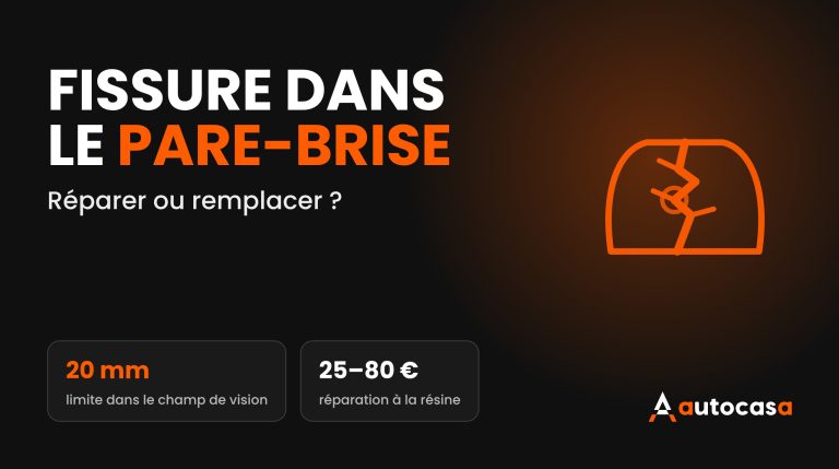 Visuel AutoCasa portant la mention Fissure dans le pare-brise et les données 20 mm et 25–80 €