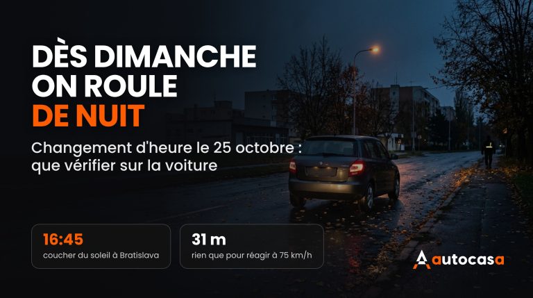 Soirée d'automne en ville, voiture feux allumés sur une chaussée mouillée jonchée de feuilles et un piéton portant une bande réfléchissante au bord de la route
