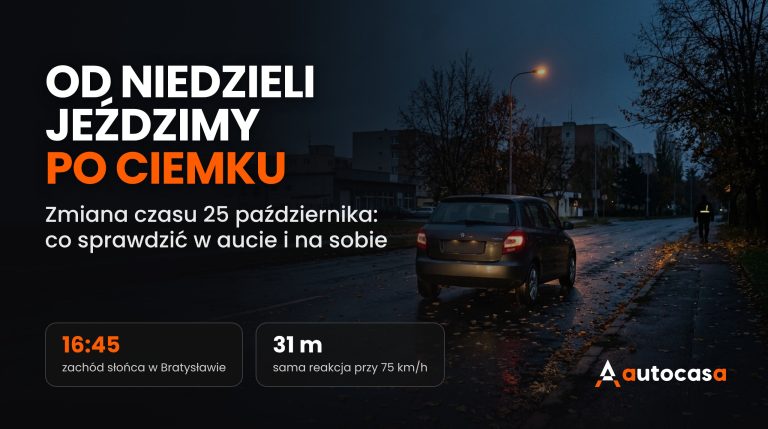 Jesienny wieczór w mieście, auto z włączonymi światłami na mokrej jezdni z liśćmi i pieszy z elementem odblaskowym przy poboczu