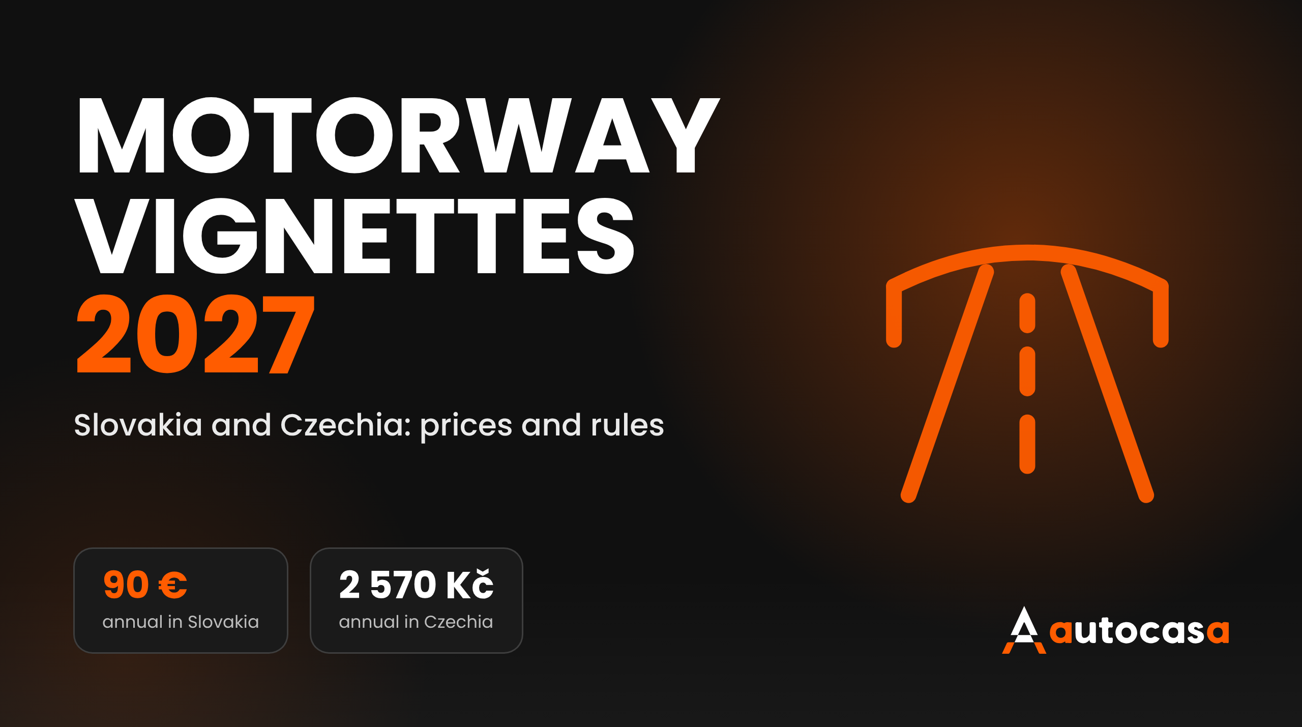 AutoCasa graphic reading Motorway vignettes 2027 with the prices 90 euro and CZK 2,570
