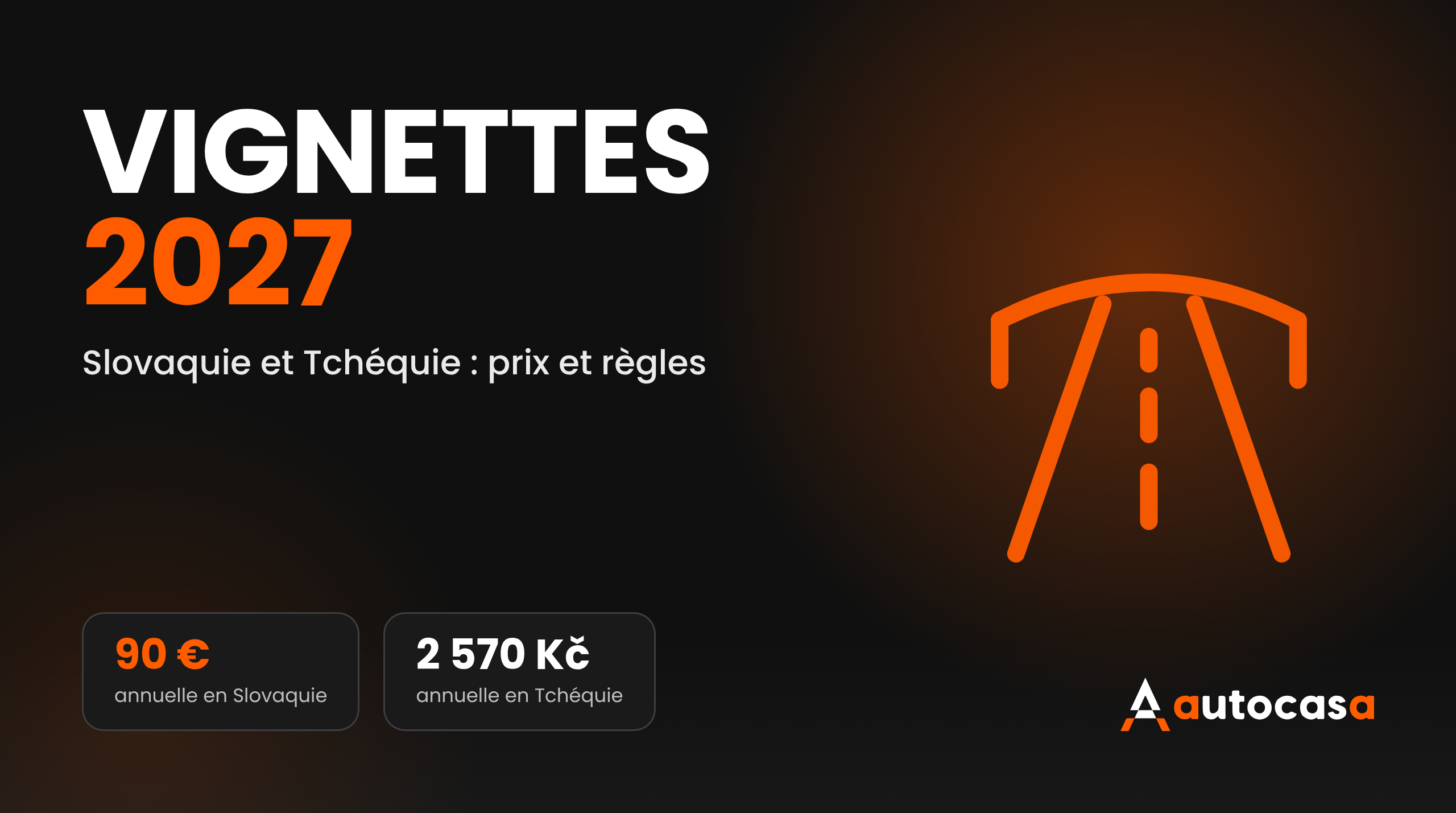 Visuel AutoCasa avec le titre Vignettes 2027 et les tarifs de 90 euros et 2 570 couronnes tchèques