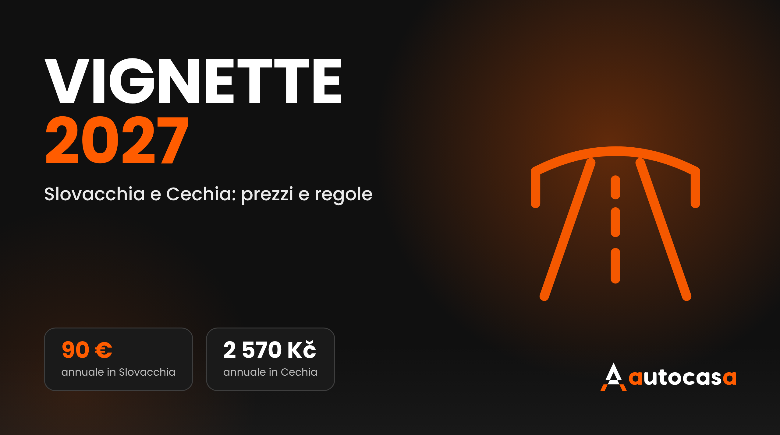 Grafica AutoCasa con la scritta Vignette 2027 e i prezzi di 90 euro e 2.570 corone ceche