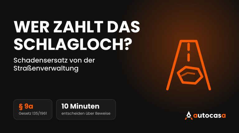 Illustration einer Straße mit Schlagloch und Überschrift Wer zahlt das Schlagloch auf dunklem AutoCasa-Hintergrund