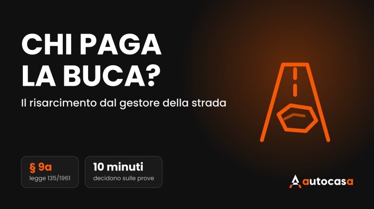Illustrazione di una strada con una buca e il titolo Chi paga la buca su sfondo scuro AutoCasa